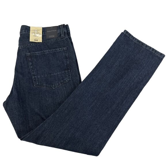 New Mens Nautica Straight Fit Slim Tapered Denim Jeans Size 34x32 NWT Dark Wash - Picture 1 of 8